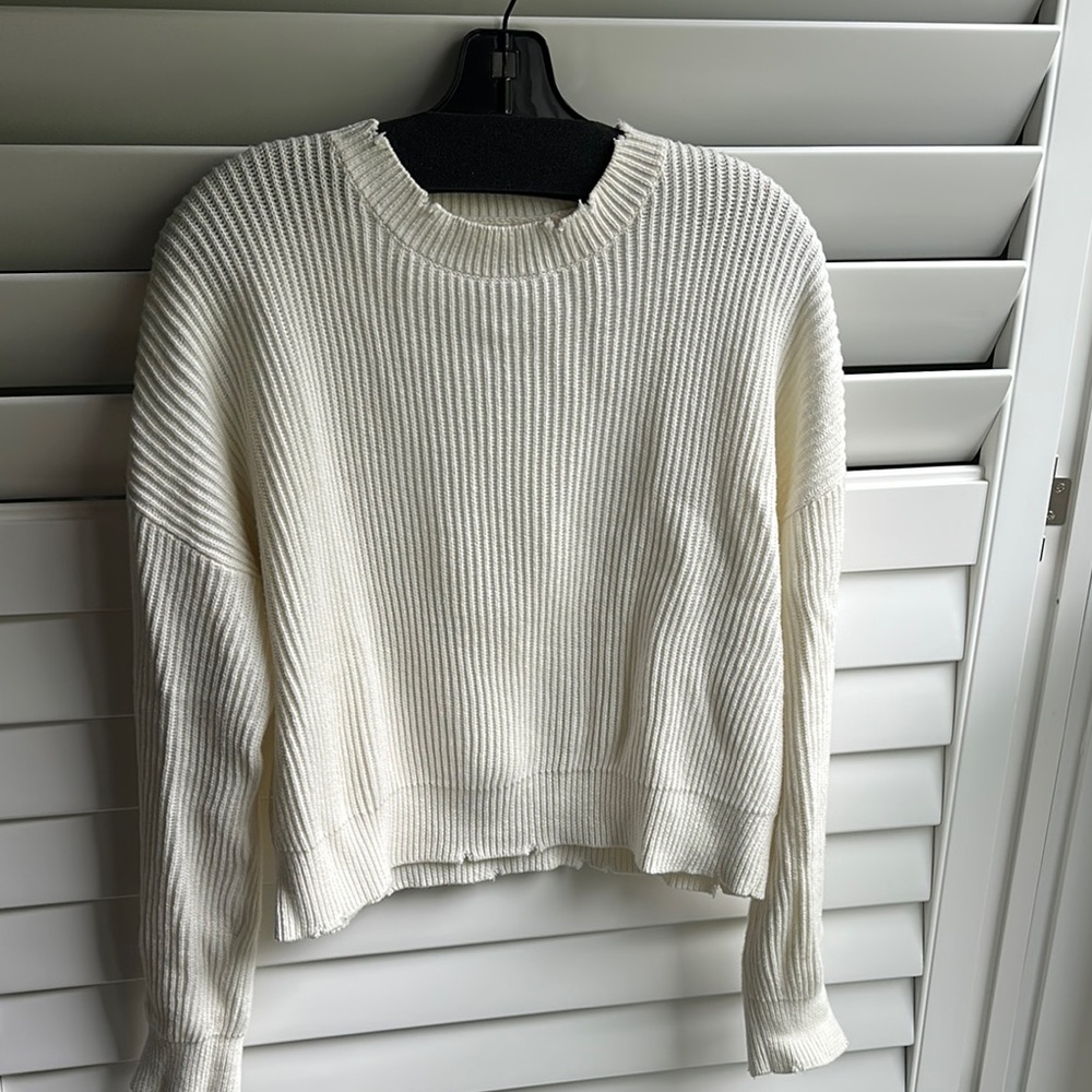 Pistola White distressed Crew Neck Sweater with Ribbed Texture